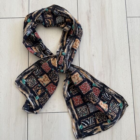 RALPH MARLIN & Co Designer Silk Scarf 11x58“ Long Rectangle Vintage Animal Print - Picture 1 of 4